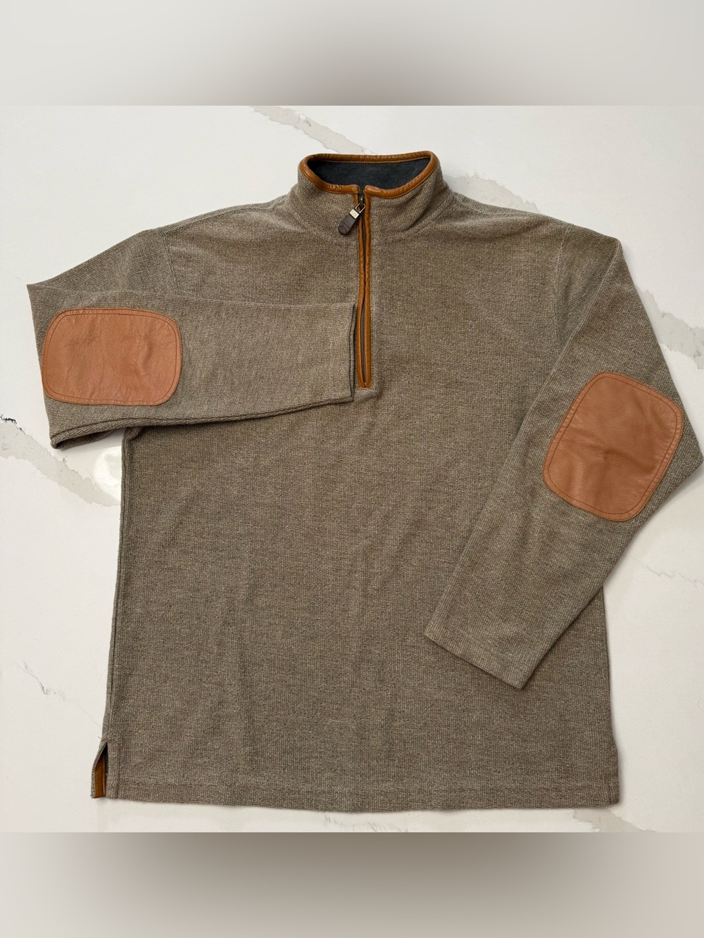 Orvis 1/4 Zip Pullover Sweater Leather Elbow Patches Trim Cotton Brown Mens M